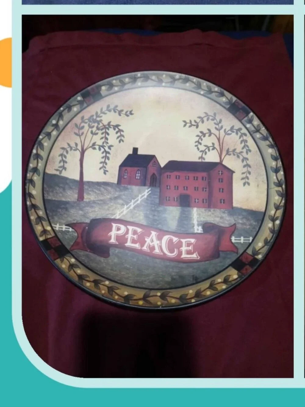 Peace Decorative Round Wall Plaque in Red and Cream